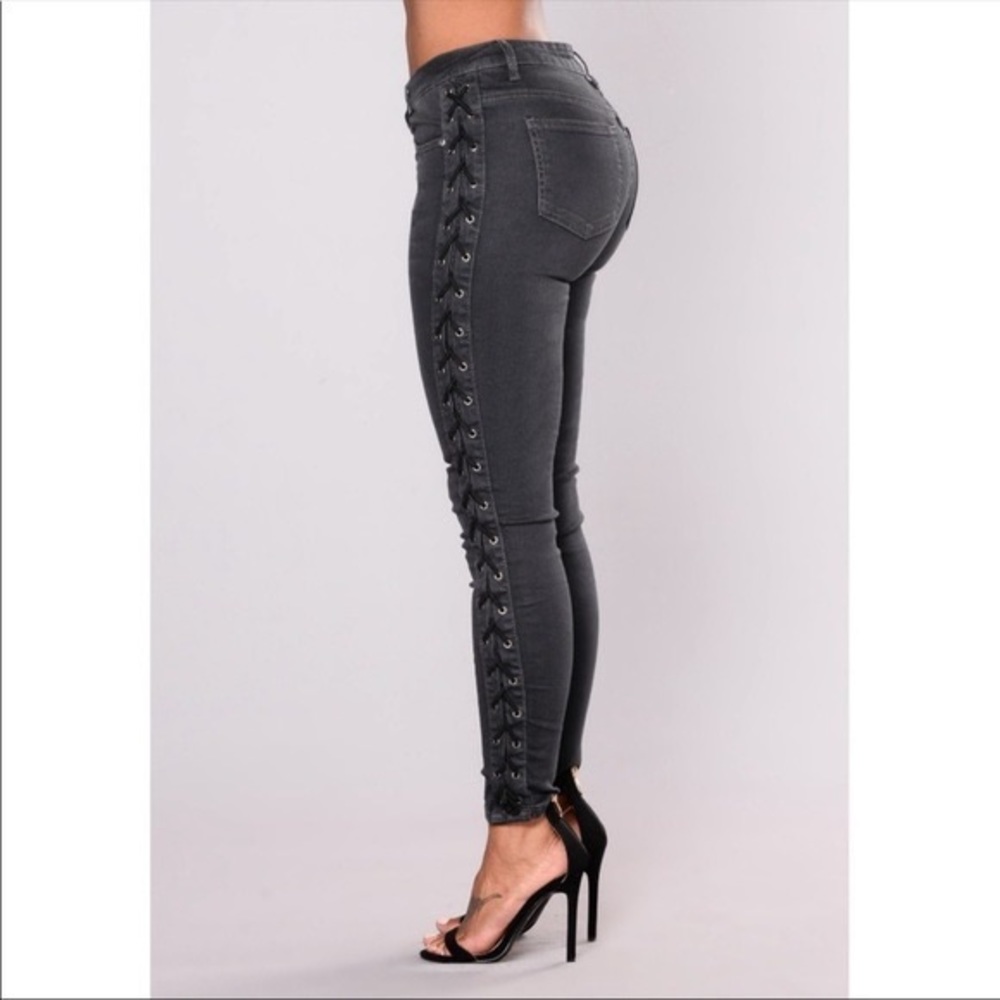 American Bazi Black Side Tie Lace Up Denim Skinny Jeans
